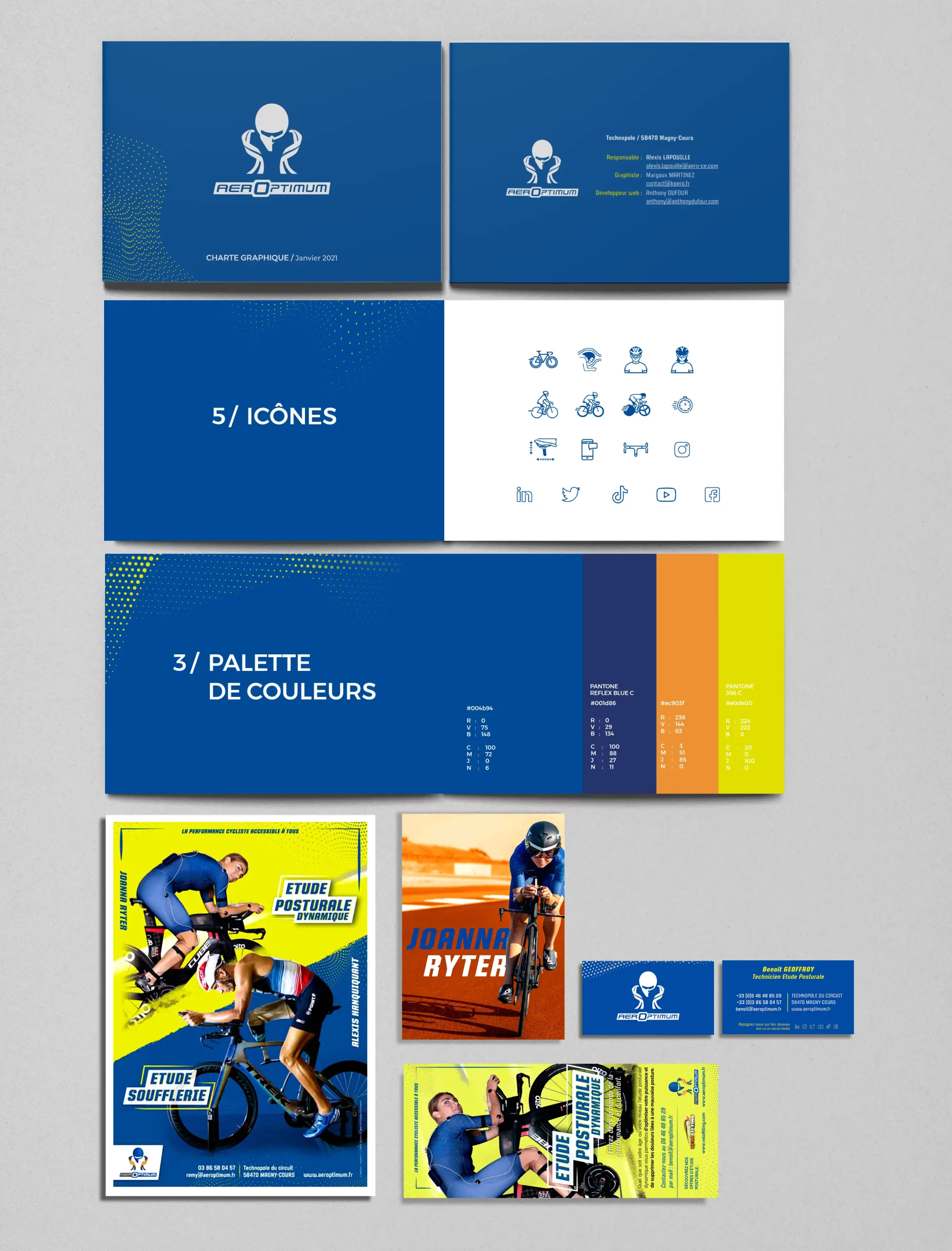 visuel reprenant les différentes créations graphique pour Aeroptimum dont les cartes de visites, la charte graphique, des flyers.
