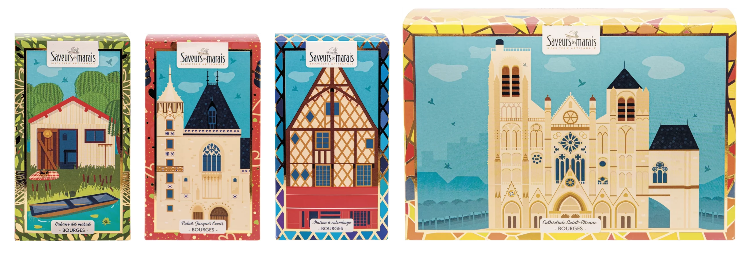 packaging saveurs des marais représentant les maisons à colombages de Bourges, les marais, palais jacques coeur de Bourges et la cathédrale Saint Etienne