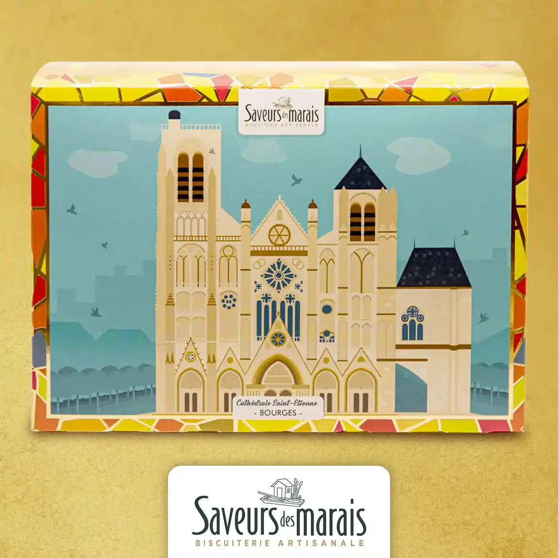 photo de la boite en carton saveurs des marais représentant la cathédrale saint etienne