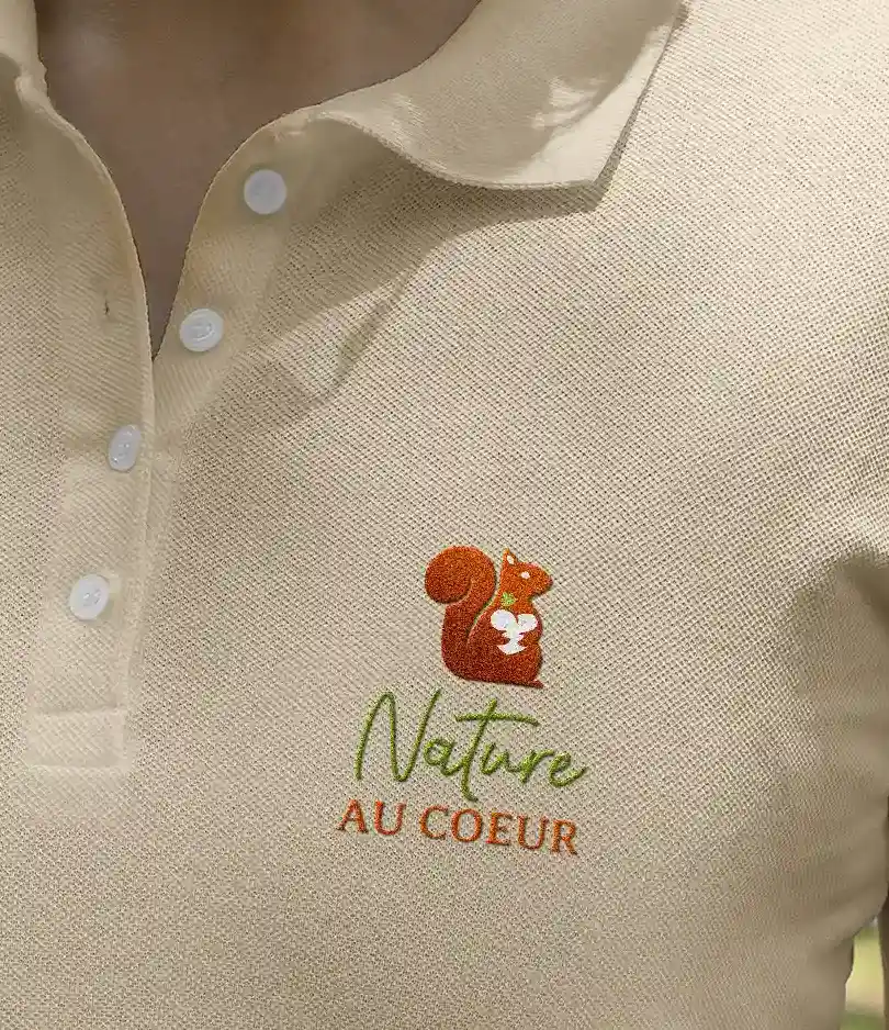photo d'un polo beige avec le logo nature au coeur brodé